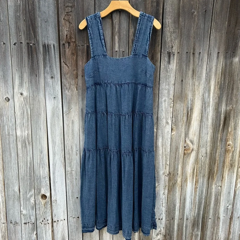 Anthropologie Helena Square Neck Tiered Midi Dress Smocked Denim Blue M - Picture 15 of 15